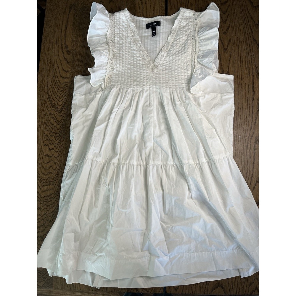 Women's Aqua White Ruffle Cotton Mini Dress Y2K Pleated Spring Easter XL
